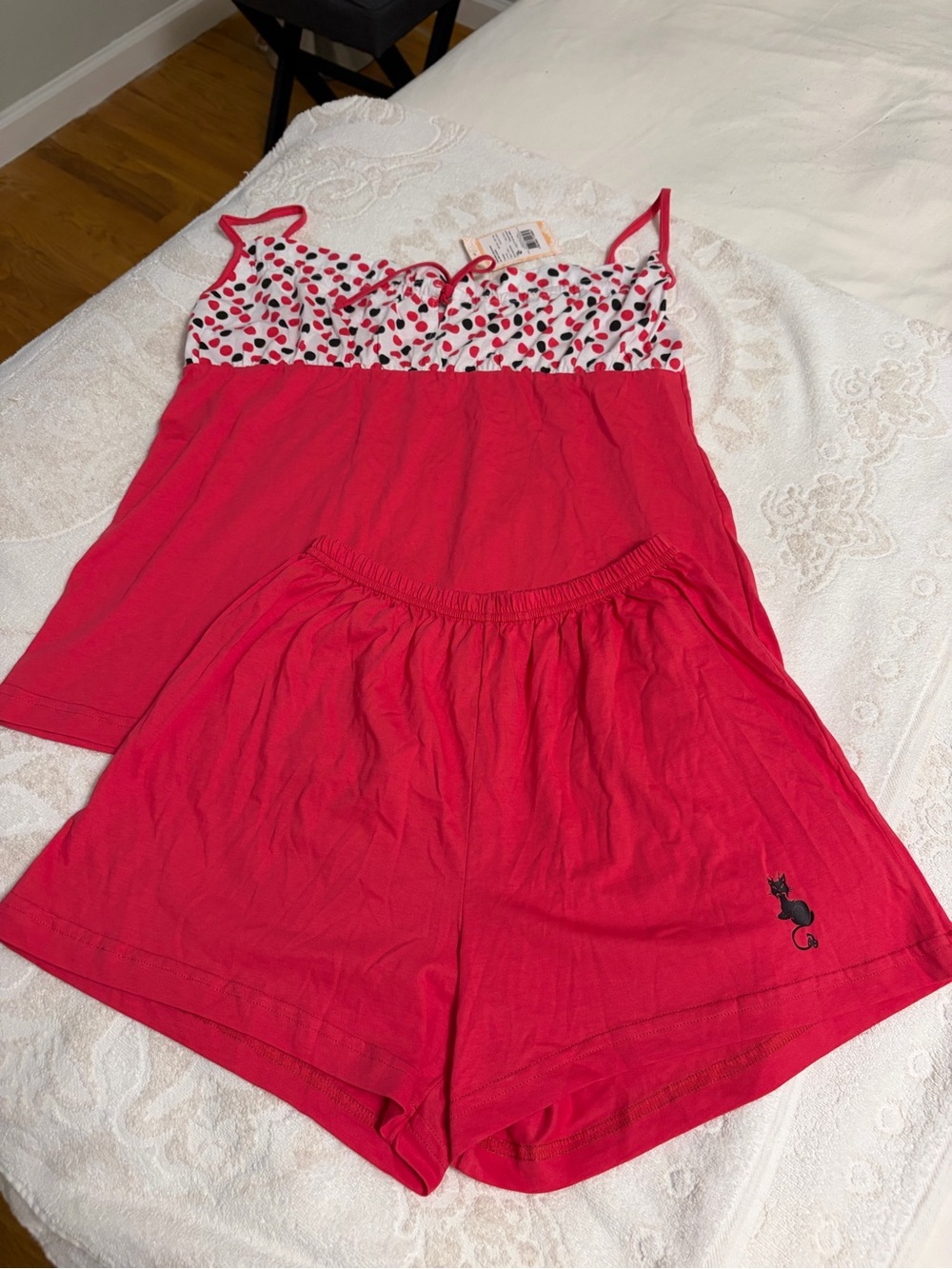 Red Polka-Trim Camisole & Shorts Sleep Set 100%Cotton Made in Europe